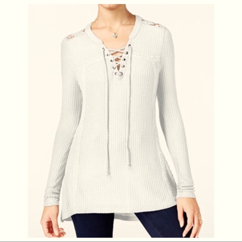 American Rag lace trim waffle knit tie front top